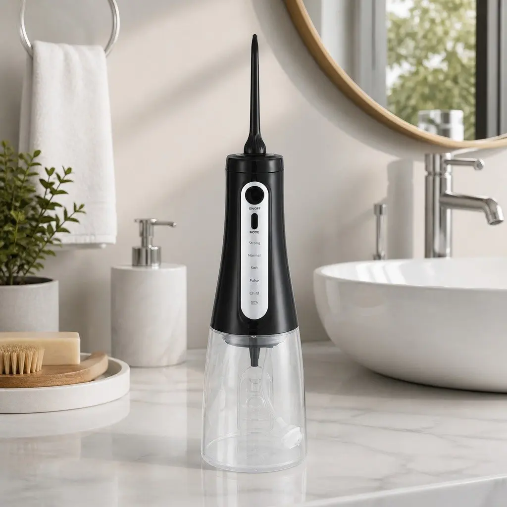Cordless Oral Irrigator Water Flosser for Dental Care 350ml Black with 5 Pressure Settings and Multiple Nozzle Tips