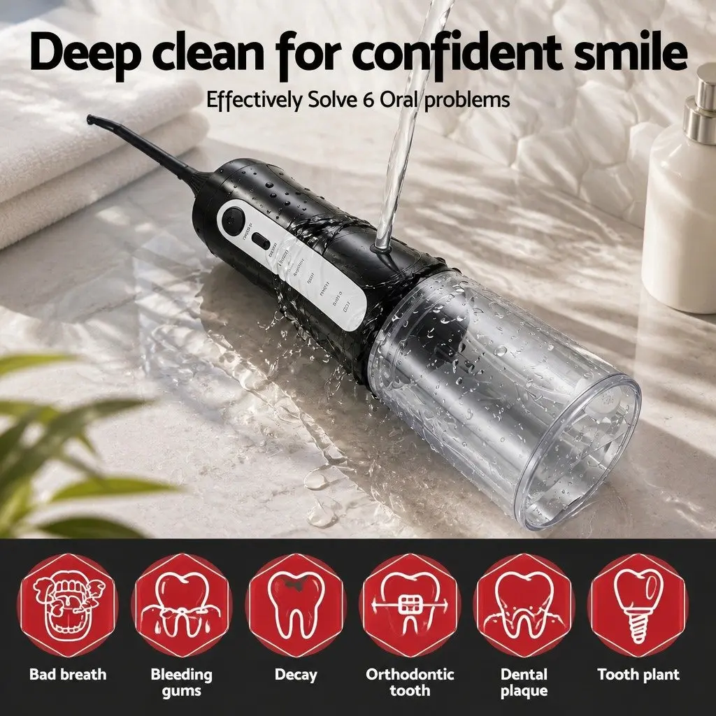 Cordless Oral Irrigator Water Flosser for Dental Care 350ml Black with 5 Pressure Settings and Multiple Nozzle Tips