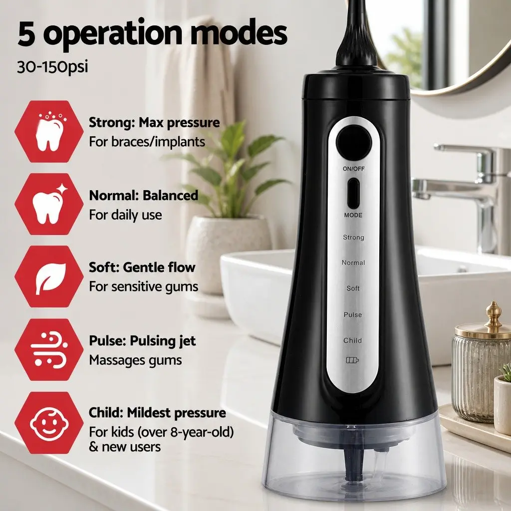 Cordless Oral Irrigator Water Flosser for Dental Care 350ml Black with 5 Pressure Settings and Multiple Nozzle Tips