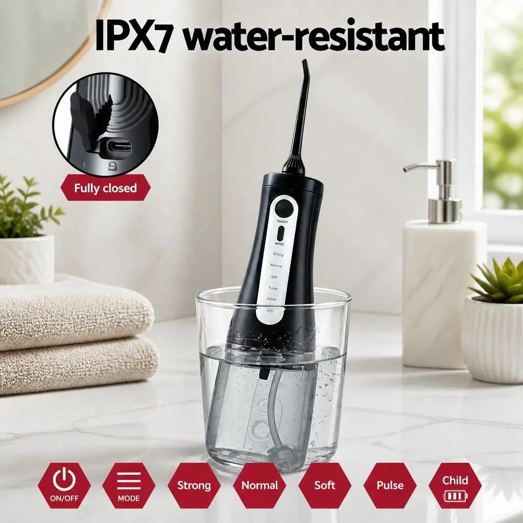 Cordless Oral Irrigator Water Flosser for Dental Care 350ml Black with 5 Pressure Settings and Multiple Nozzle Tips