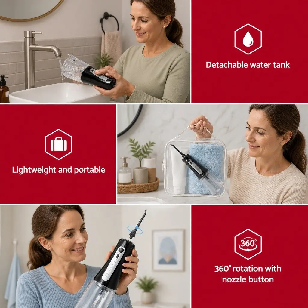 Cordless Oral Irrigator Water Flosser for Dental Care 350ml Black with 5 Pressure Settings and Multiple Nozzle Tips