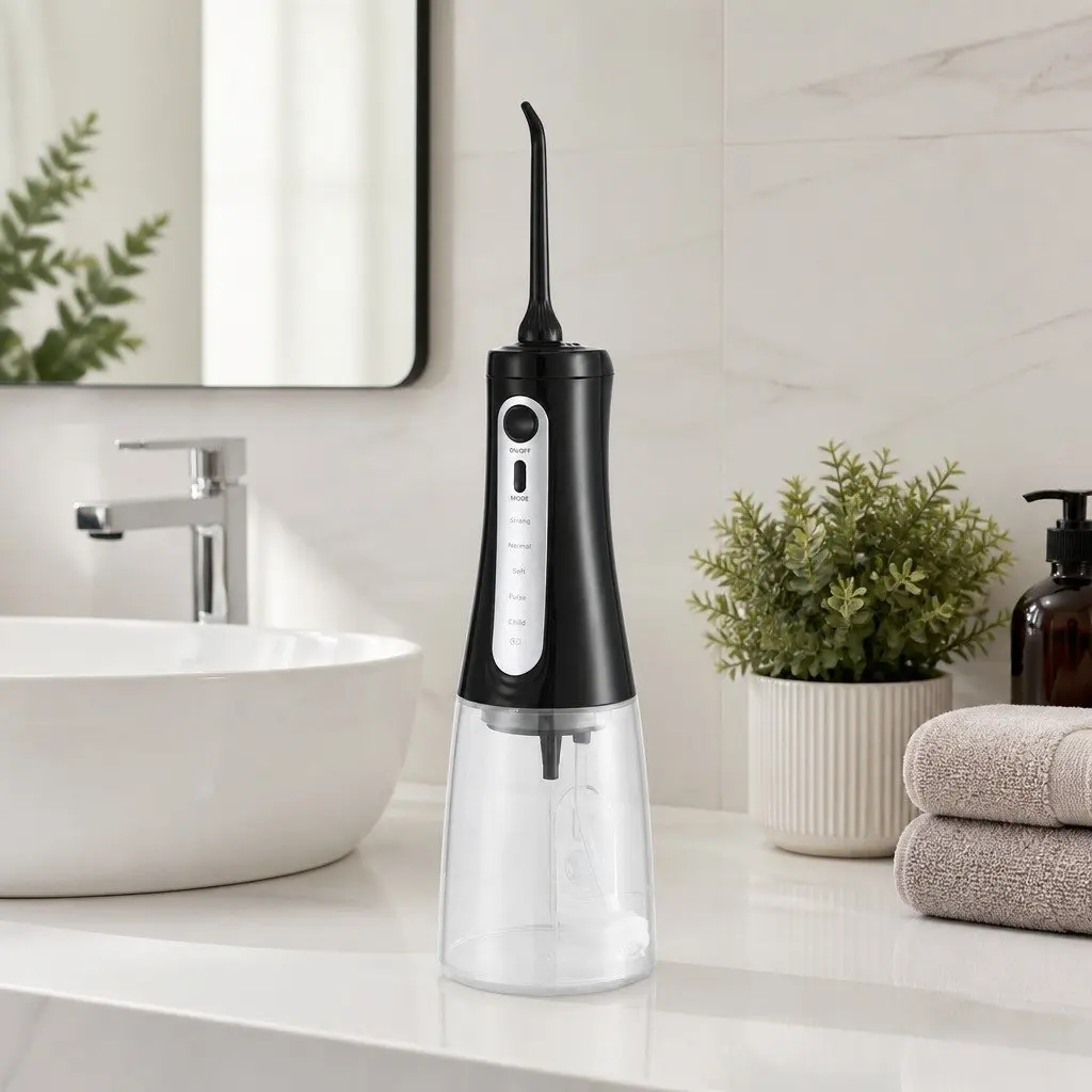 Cordless Oral Irrigator Water Flosser for Dental Care 350ml Black with 5 Pressure Settings and Multiple Nozzle Tips