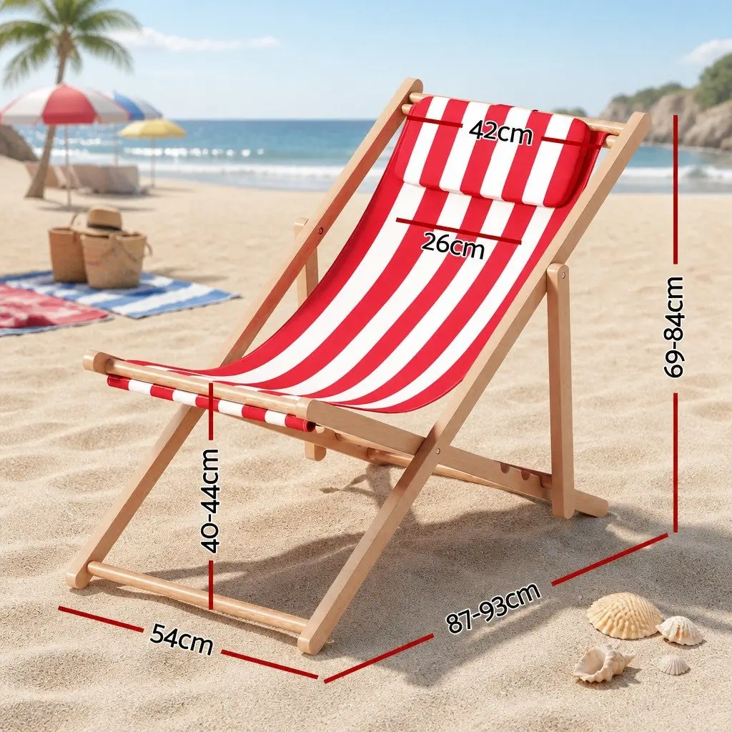 Wooden Outdoor Beach Deck Chair Folding Sun Lounger Red White 54cm Length 87-93cm Width 69-84cm Height