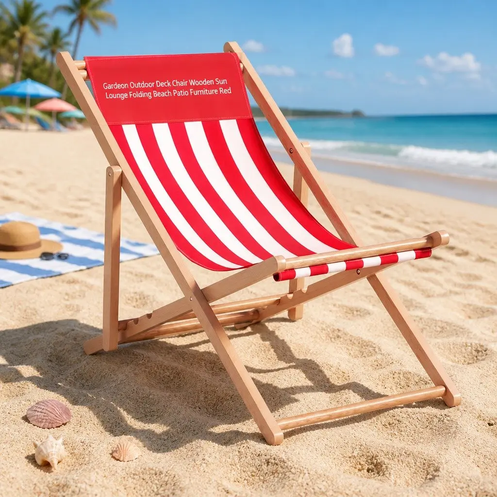 Wooden Outdoor Beach Deck Chair Folding Sun Lounger Red White 54cm Length 87-93cm Width 69-84cm Height
