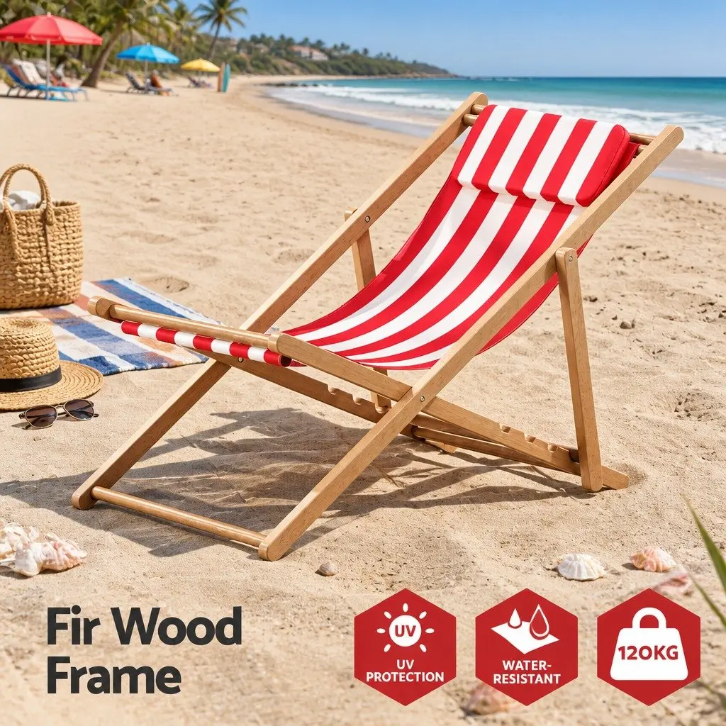 Wooden Outdoor Beach Deck Chair Folding Sun Lounger Red White 54cm Length 87-93cm Width 69-84cm Height