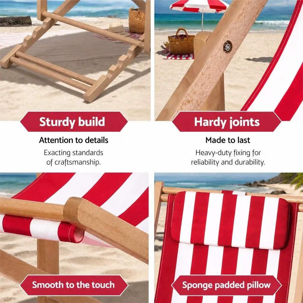 Wooden Outdoor Beach Deck Chair Folding Sun Lounger Red White 54cm Length 87-93cm Width 69-84cm Height