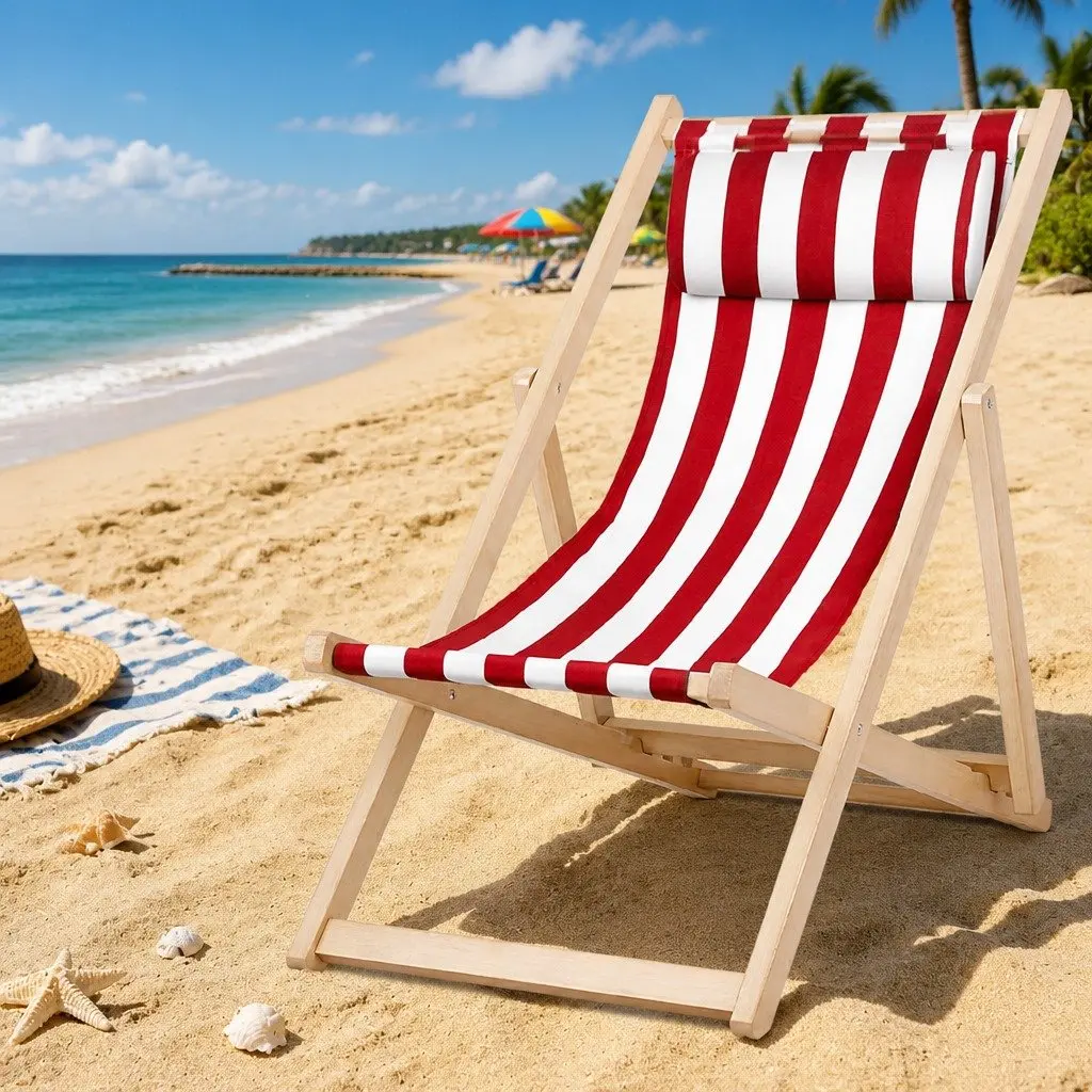Wooden Outdoor Beach Deck Chair Folding Sun Lounger Red White 54cm Length 87-93cm Width 69-84cm Height