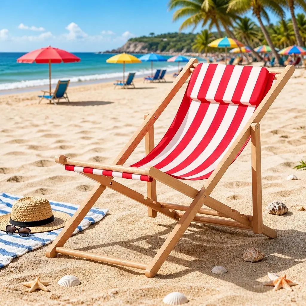 Wooden Outdoor Beach Deck Chair Folding Sun Lounger Red White 54cm Length 87-93cm Width 69-84cm Height
