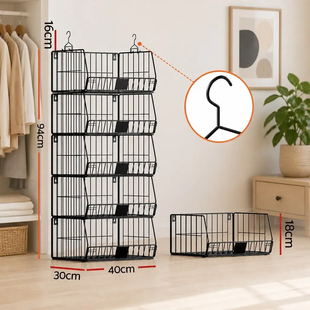5 Tier Stackable Closet Organizer Hanging Storage Shelves 40cm W x 30cm D x 110cm H