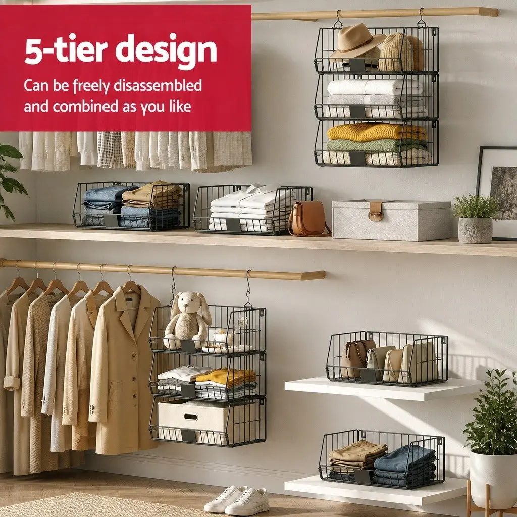 5 Tier Stackable Closet Organizer Hanging Storage Shelves 40cm W x 30cm D x 110cm H