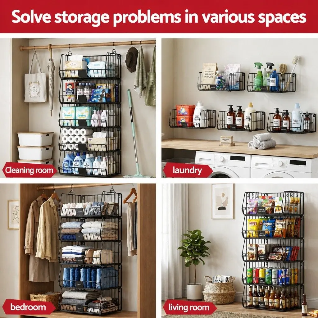 5 Tier Stackable Closet Organizer Hanging Storage Shelves 40cm W x 30cm D x 110cm H