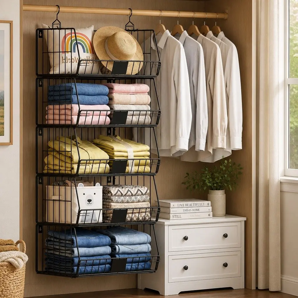 5 Tier Stackable Closet Organizer Hanging Storage Shelves 40cm W x 30cm D x 110cm H