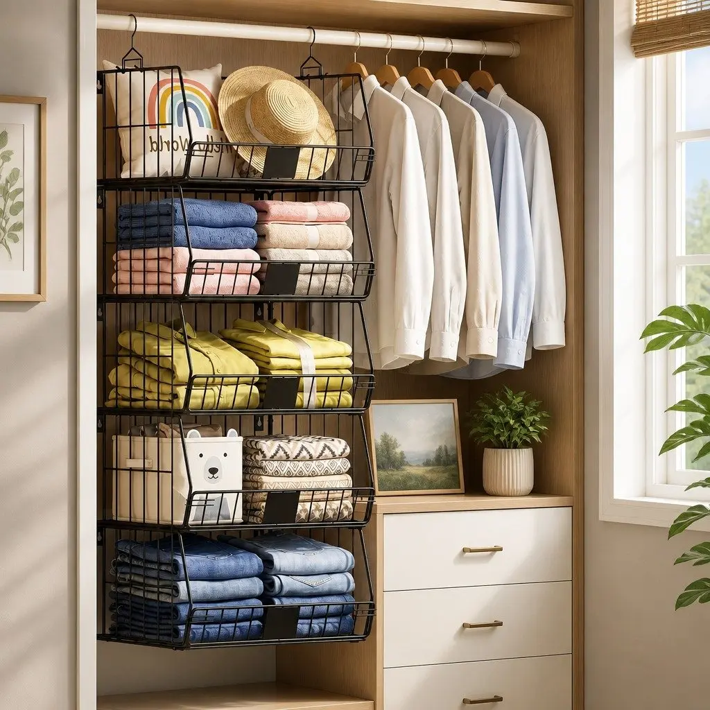 5 Tier Stackable Closet Organizer Hanging Storage Shelves 40cm W x 30cm D x 110cm H