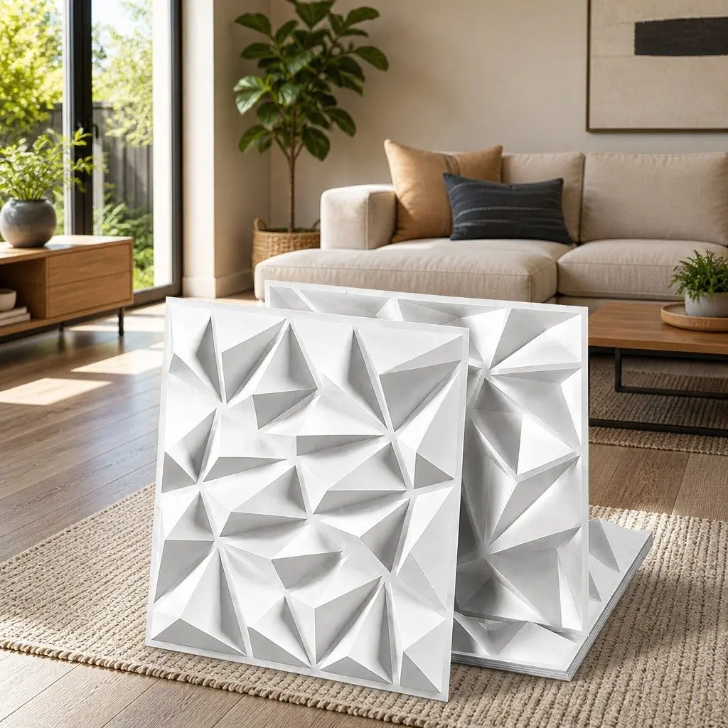 3D Wall Panels Diamond Pattern Decorative PVC Feature Wall 50x50cm Set 15 White