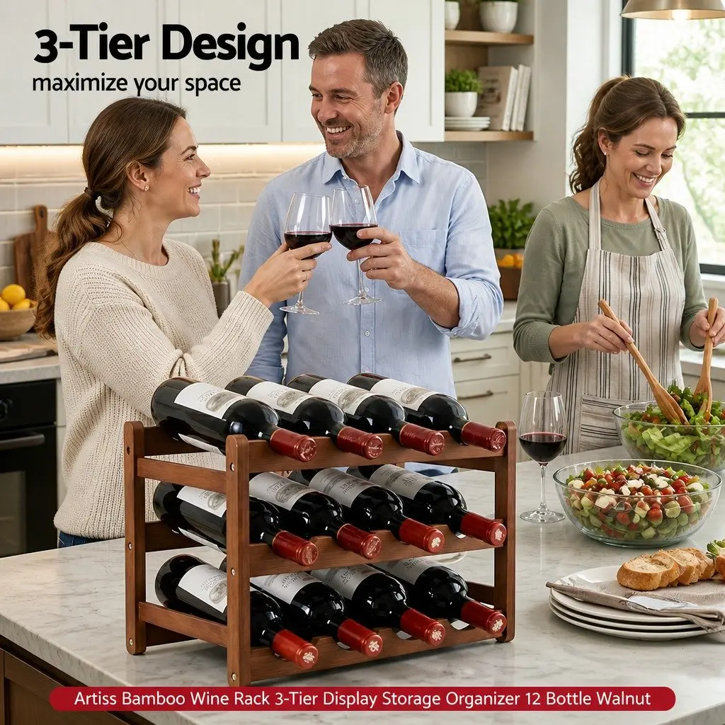 3-Tier Bamboo Wine Rack for Kitchen Dining Home Bar Walnut