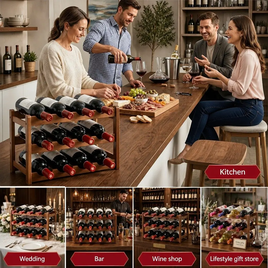 3-Tier Bamboo Wine Rack for Kitchen Dining Home Bar Walnut