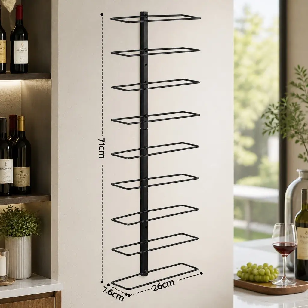 Wall Mounted Wine Rack Vertical Storage Organizer Black Metal 9 Bottles