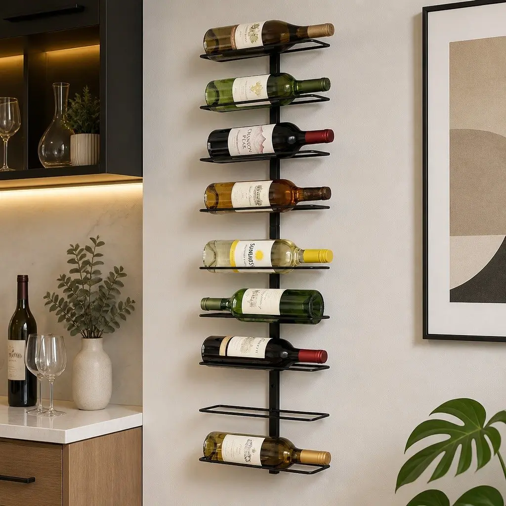 Wall Mounted Wine Rack Vertical Storage Organizer Black Metal 9 Bottles