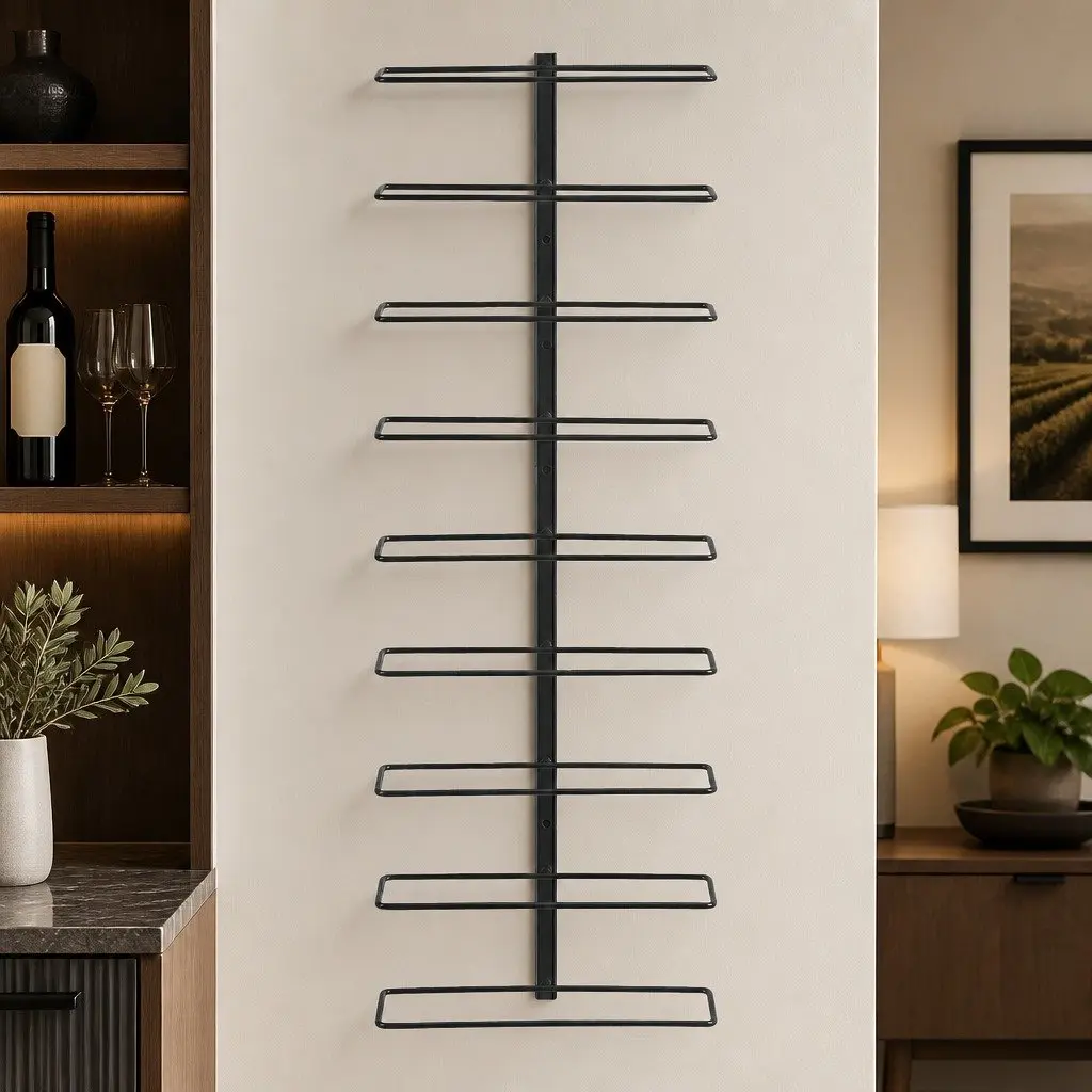 Wall Mounted Wine Rack Vertical Storage Organizer Black Metal 9 Bottles