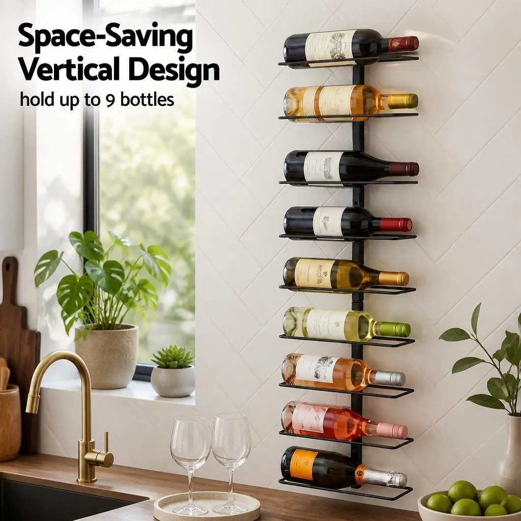 Wall Mounted Wine Rack Vertical Storage Organizer Black Metal 9 Bottles