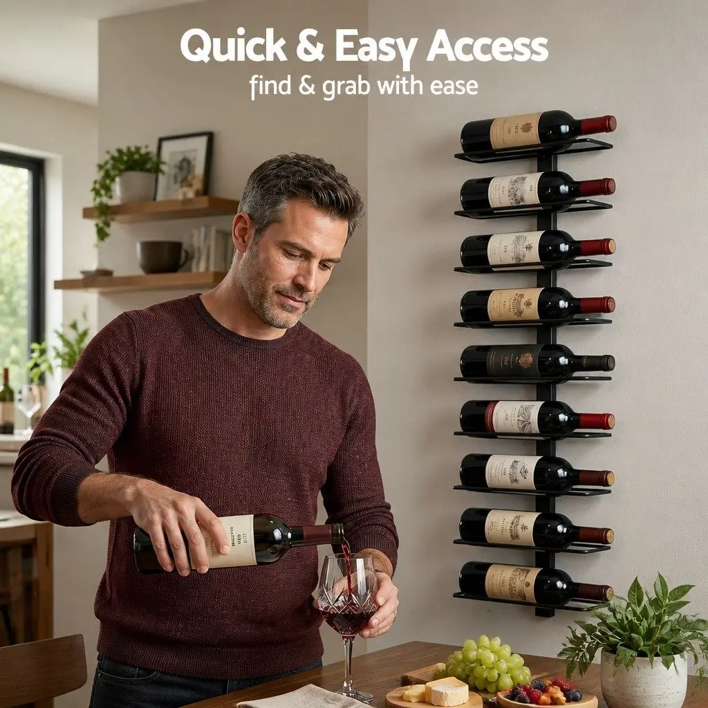 Wall Mounted Wine Rack Vertical Storage Organizer Black Metal 9 Bottles