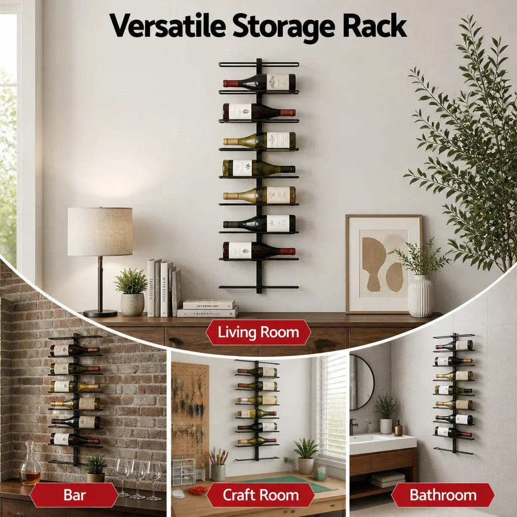 Wall Mounted Wine Rack Vertical Storage Organizer Black Metal 9 Bottles