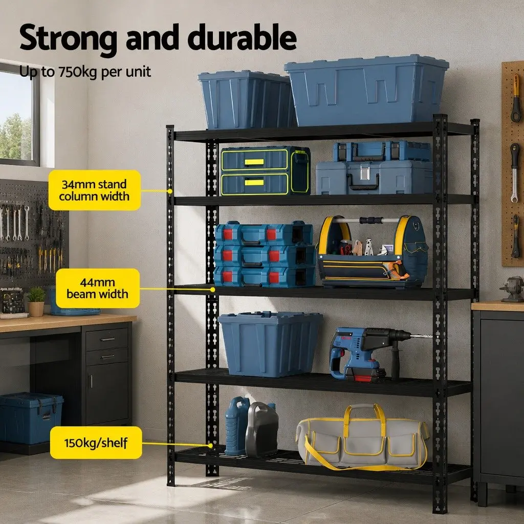 5-Tier Garage Storage Rack Heavy Duty Shelving Unit 1.8M Black