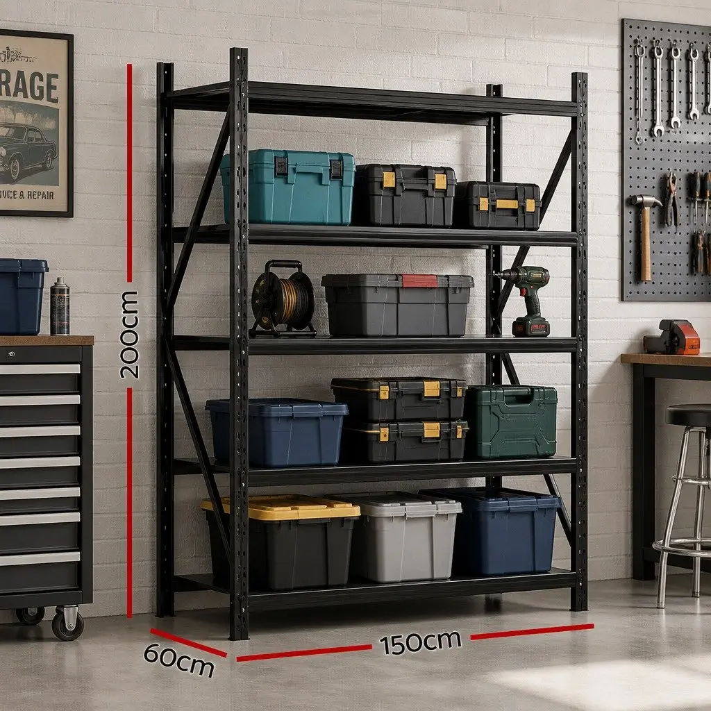 Heavy Duty Garage Storage Rack 2Mx1.5M Steel Shelving Unit Black for Organizing Tools and Equipment