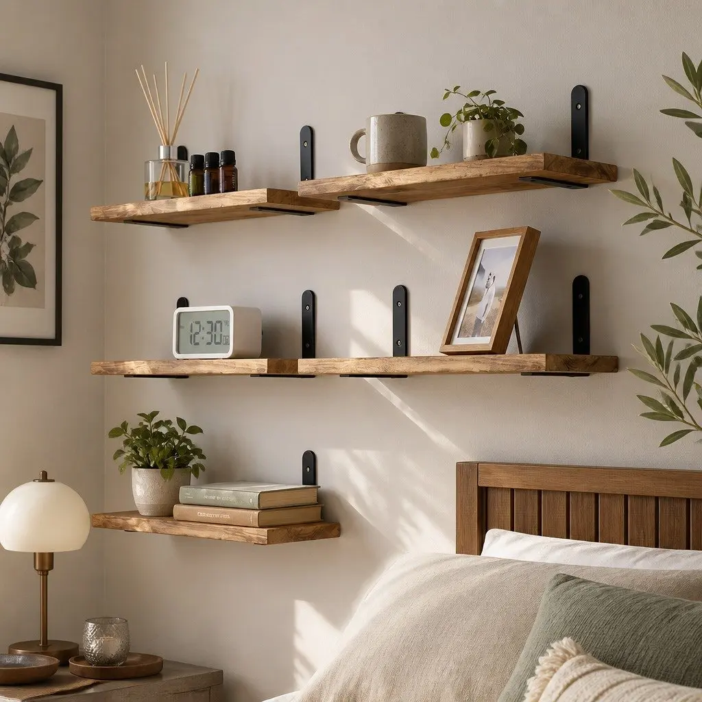 Floating Wall Shelves 5Pcs Wood Wall Mounted Storage Display Rack Bedroom