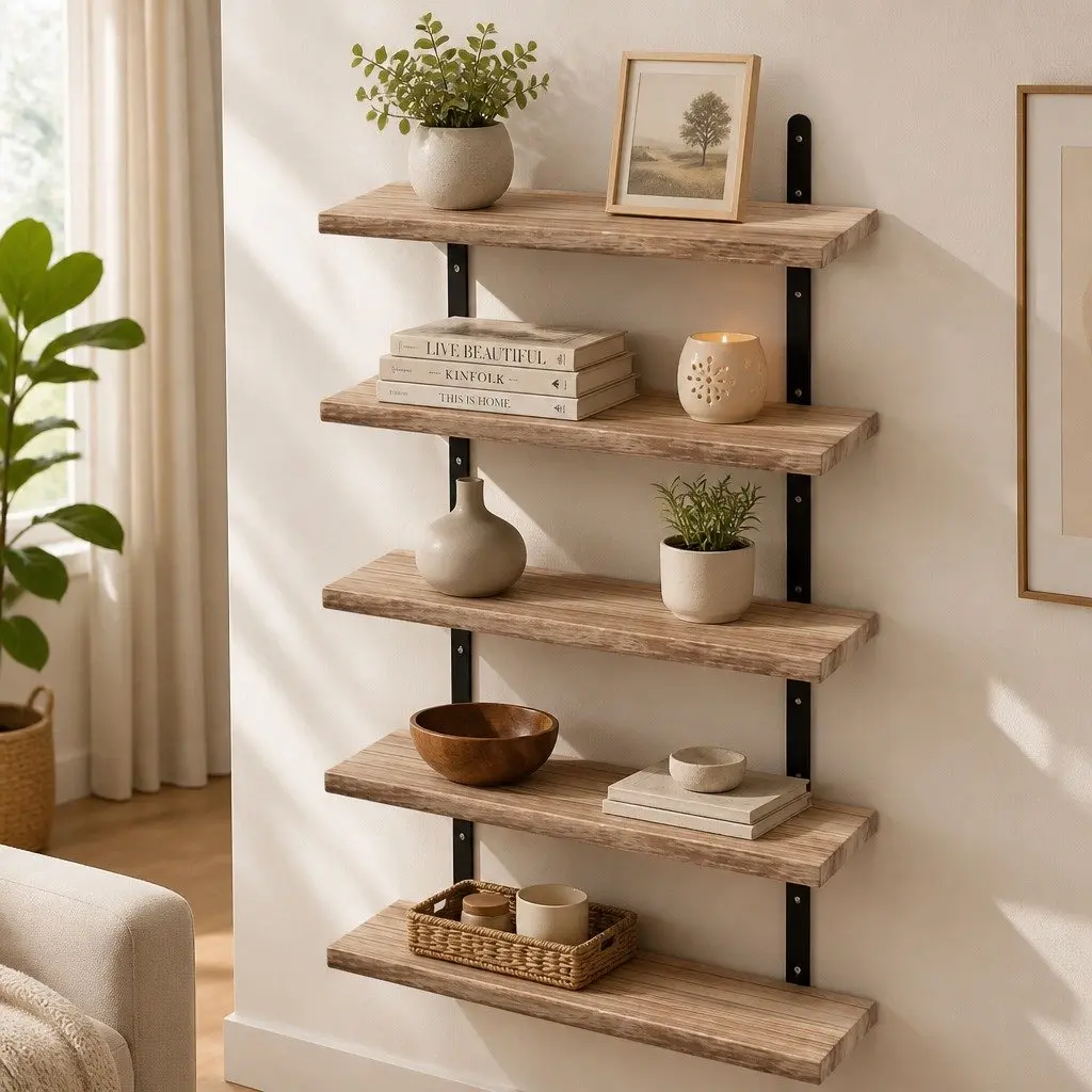 Floating Wall Shelves 5Pcs Wood Wall Mounted Storage Display Rack Bedroom