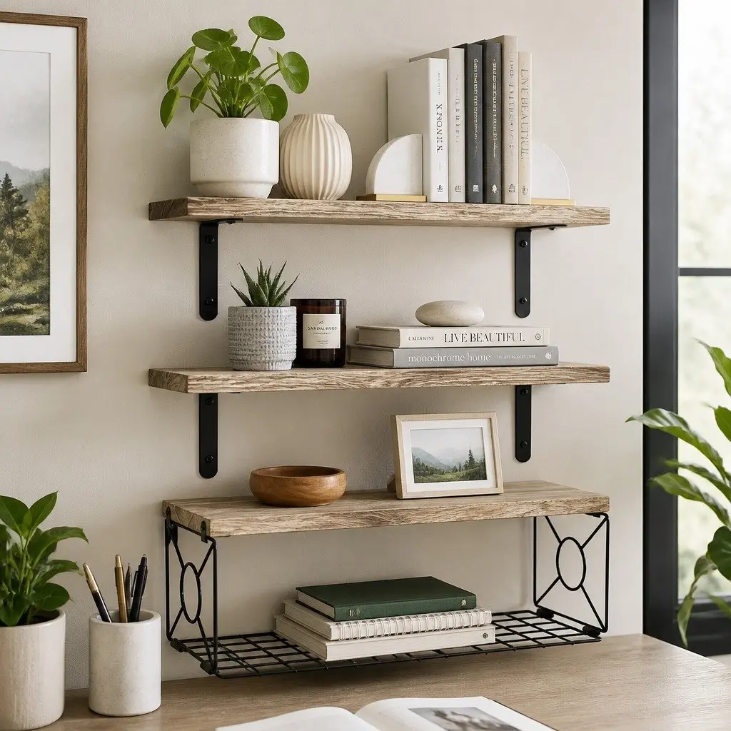 Floating Wall Shelves Set for Living Room 3 Piece with Integrated Storage Basket