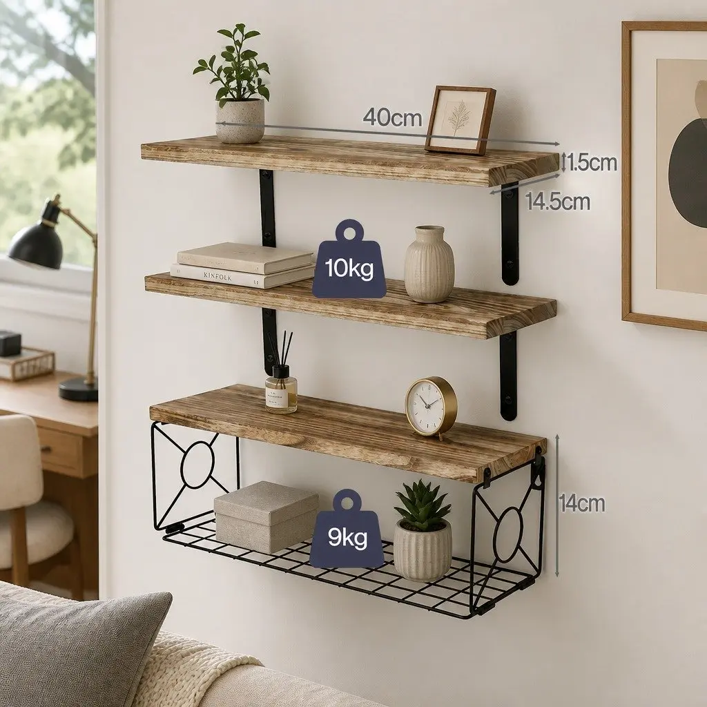 Floating Wall Shelves Set for Living Room 3 Piece with Integrated Storage Basket