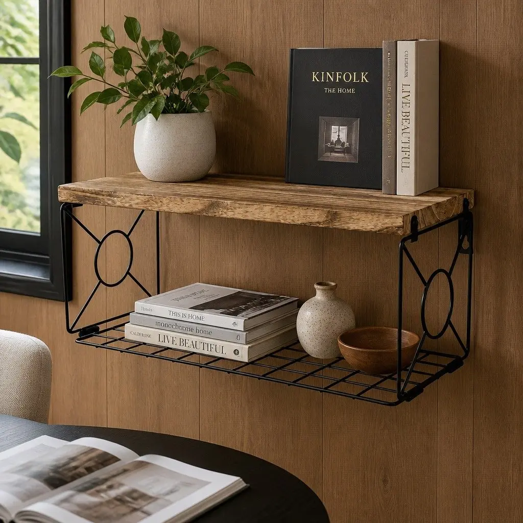 Floating Wall Shelves Set for Living Room 3 Piece with Integrated Storage Basket
