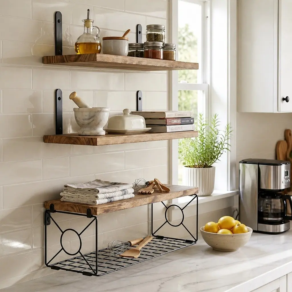 Floating Wall Shelves Set for Living Room 3 Piece with Integrated Storage Basket