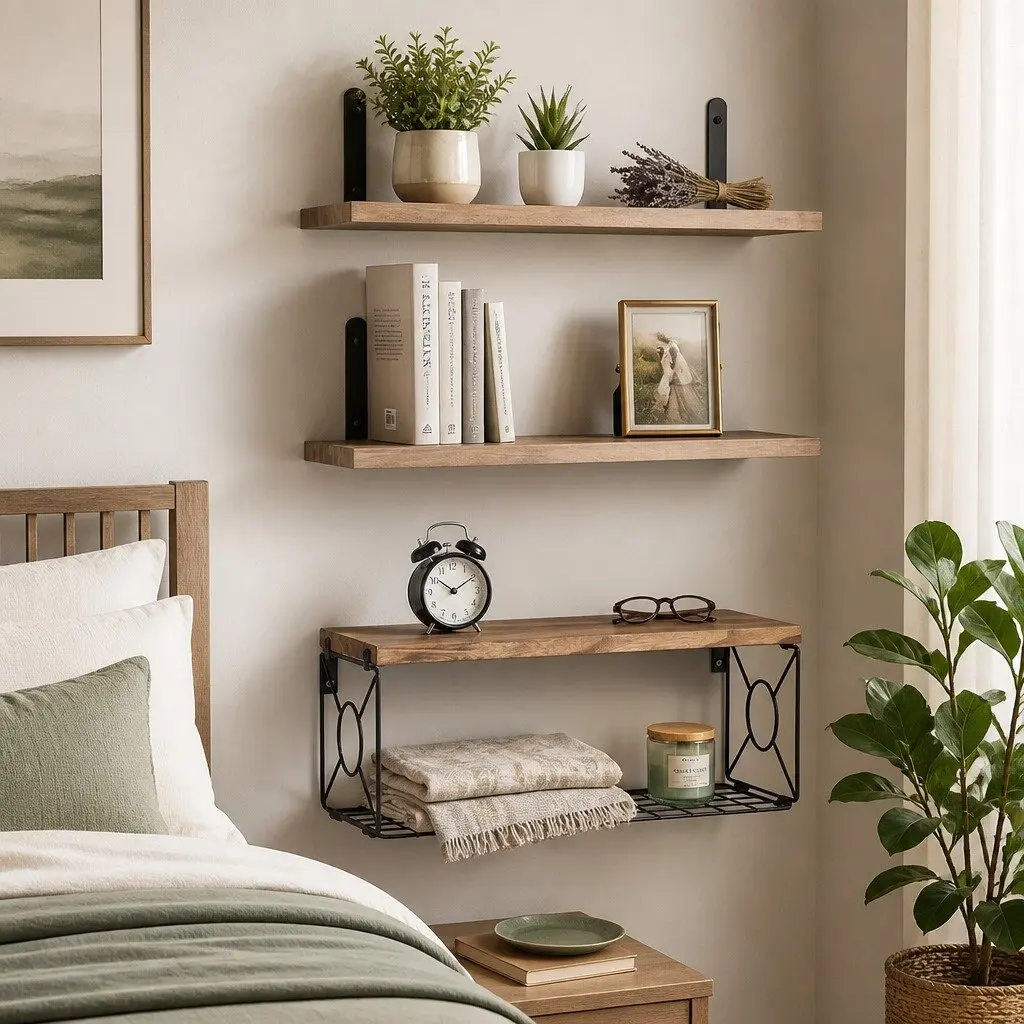 Floating Wall Shelves Set for Living Room 3 Piece with Integrated Storage Basket
