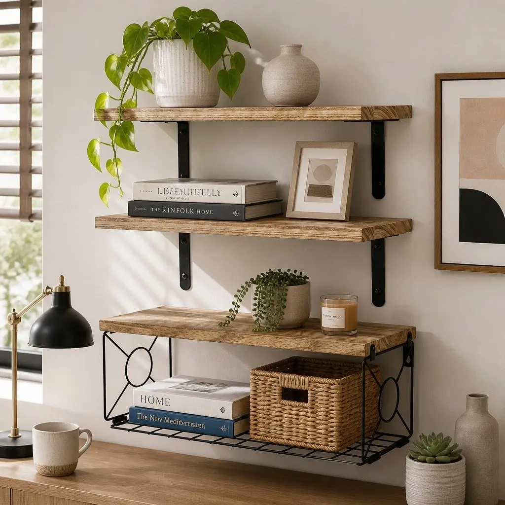 Floating Wall Shelves Set for Living Room 3 Piece with Integrated Storage Basket