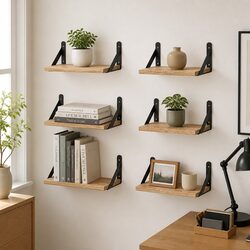 Floating Wall Shelves Set: 6 Wooden Shelves of Varying Sizes
