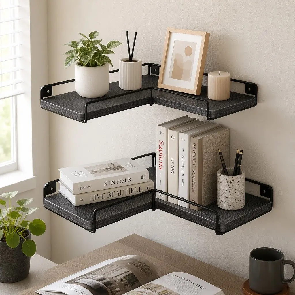 Floating Corner Wall Shelves for Bedroom Kitchen 2 Piece 40cm x 29cm x 4cm Black