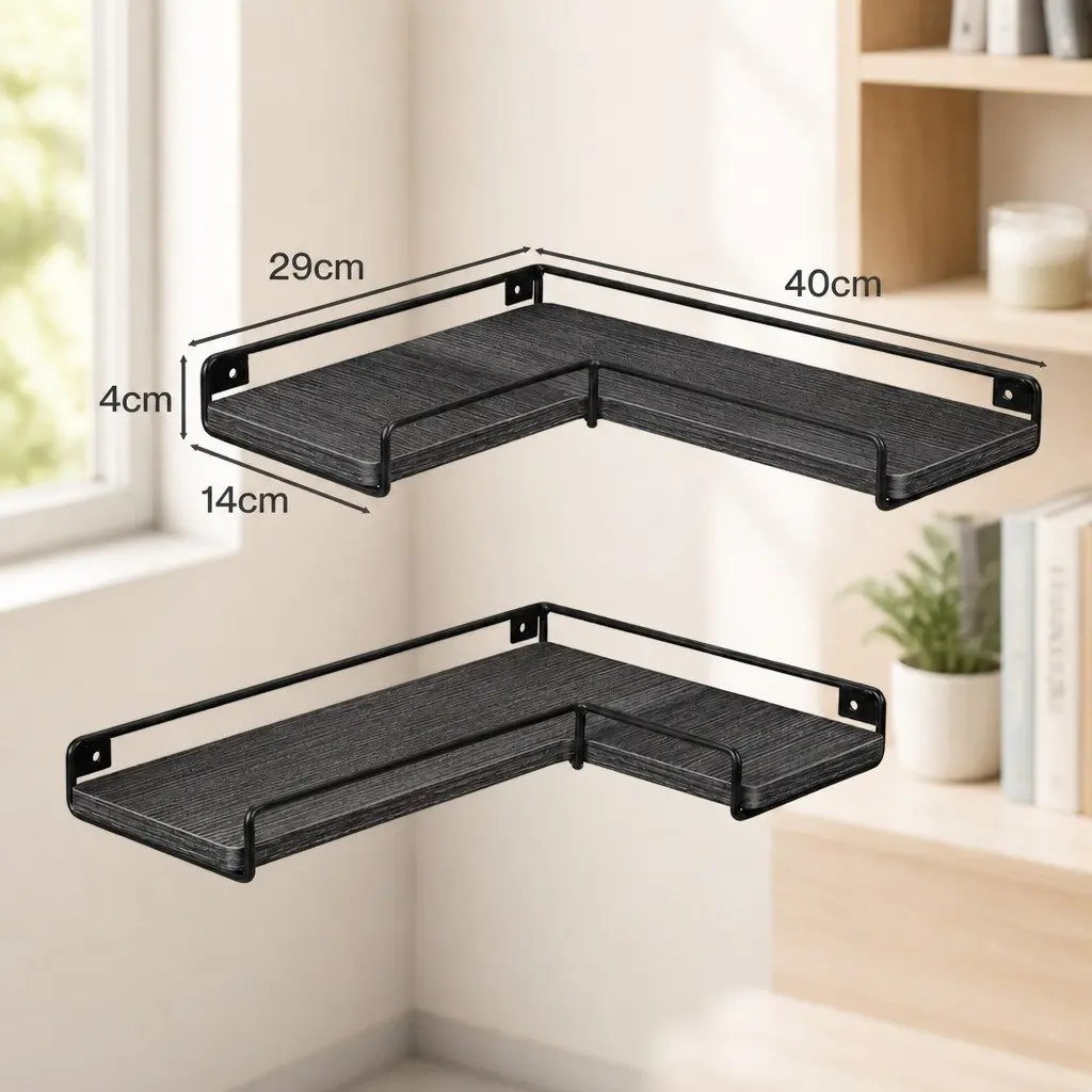 Floating Corner Wall Shelves for Bedroom Kitchen 2 Piece 40cm x 29cm x 4cm Black