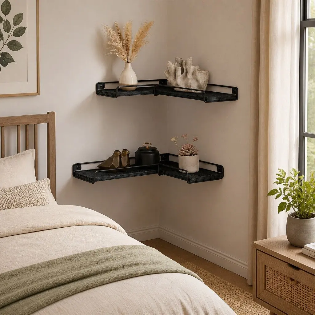 Floating Corner Wall Shelves for Bedroom Kitchen 2 Piece 40cm x 29cm x 4cm Black