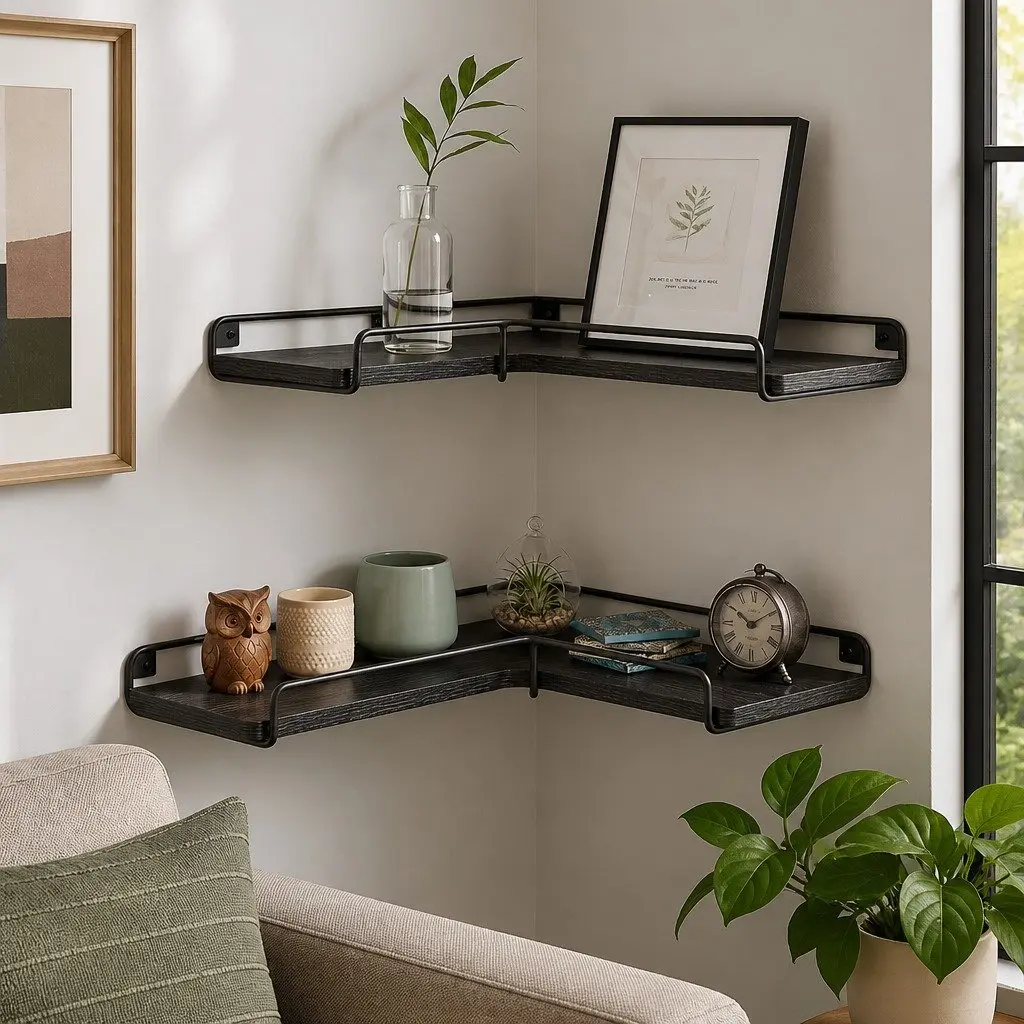 Floating Corner Wall Shelves for Bedroom Kitchen 2 Piece 40cm x 29cm x 4cm Black