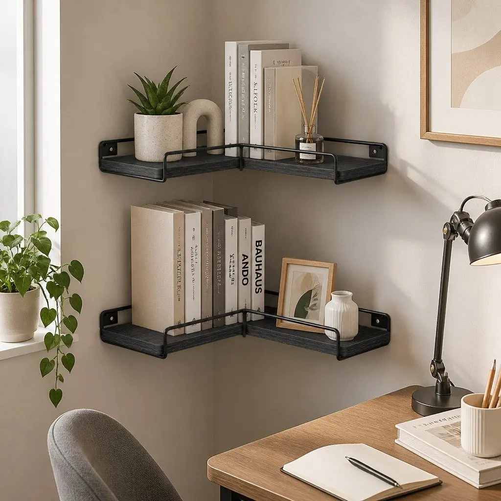 Floating Corner Wall Shelves for Bedroom Kitchen 2 Piece 40cm x 29cm x 4cm Black