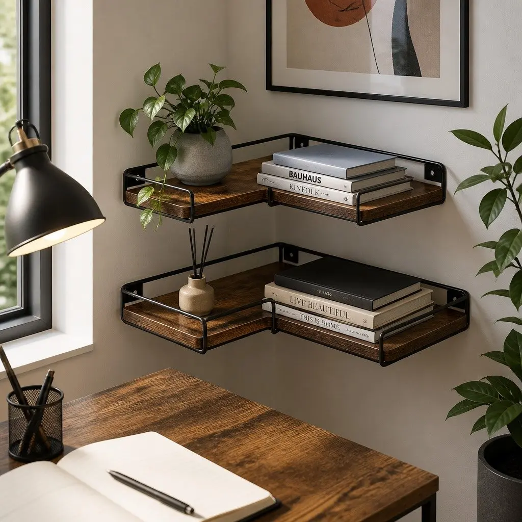 Floating Corner Wall Shelf Set of 2 L-Shape Storage Display Rack for Bedroom Living Room