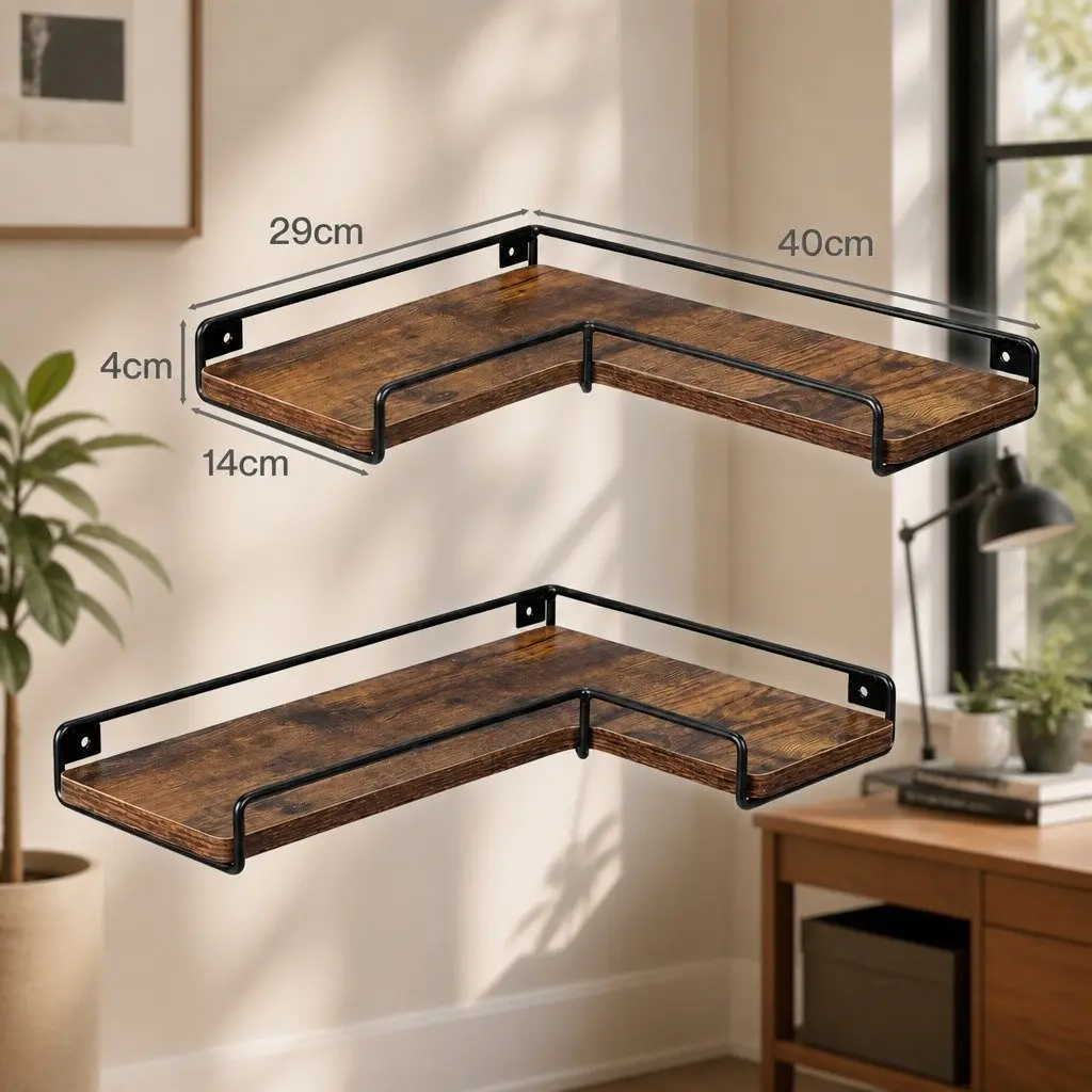Floating Corner Wall Shelf Set of 2 L-Shape Storage Display Rack for Bedroom Living Room