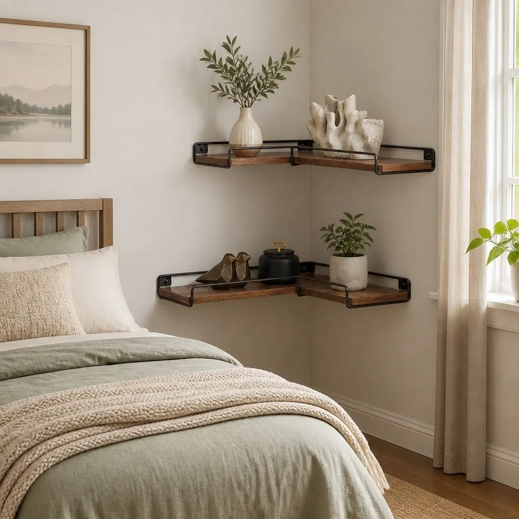 Floating Corner Wall Shelf Set of 2 L-Shape Storage Display Rack for Bedroom Living Room