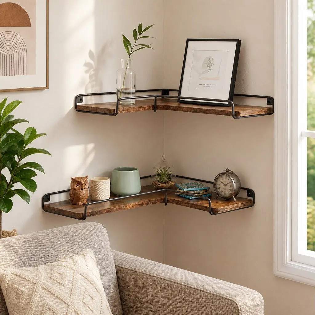 Floating Corner Wall Shelf Set of 2 L-Shape Storage Display Rack for Bedroom Living Room