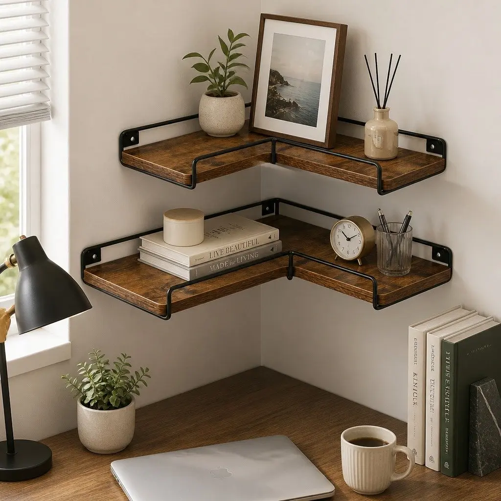 Floating Corner Wall Shelf Set of 2 L-Shape Storage Display Rack for Bedroom Living Room