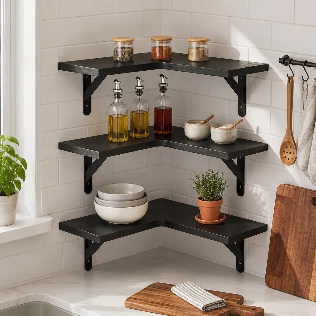Corner Floating Shelves 3Pcs L-Shaped Wall-Mounted Storage Kitchen Living Room