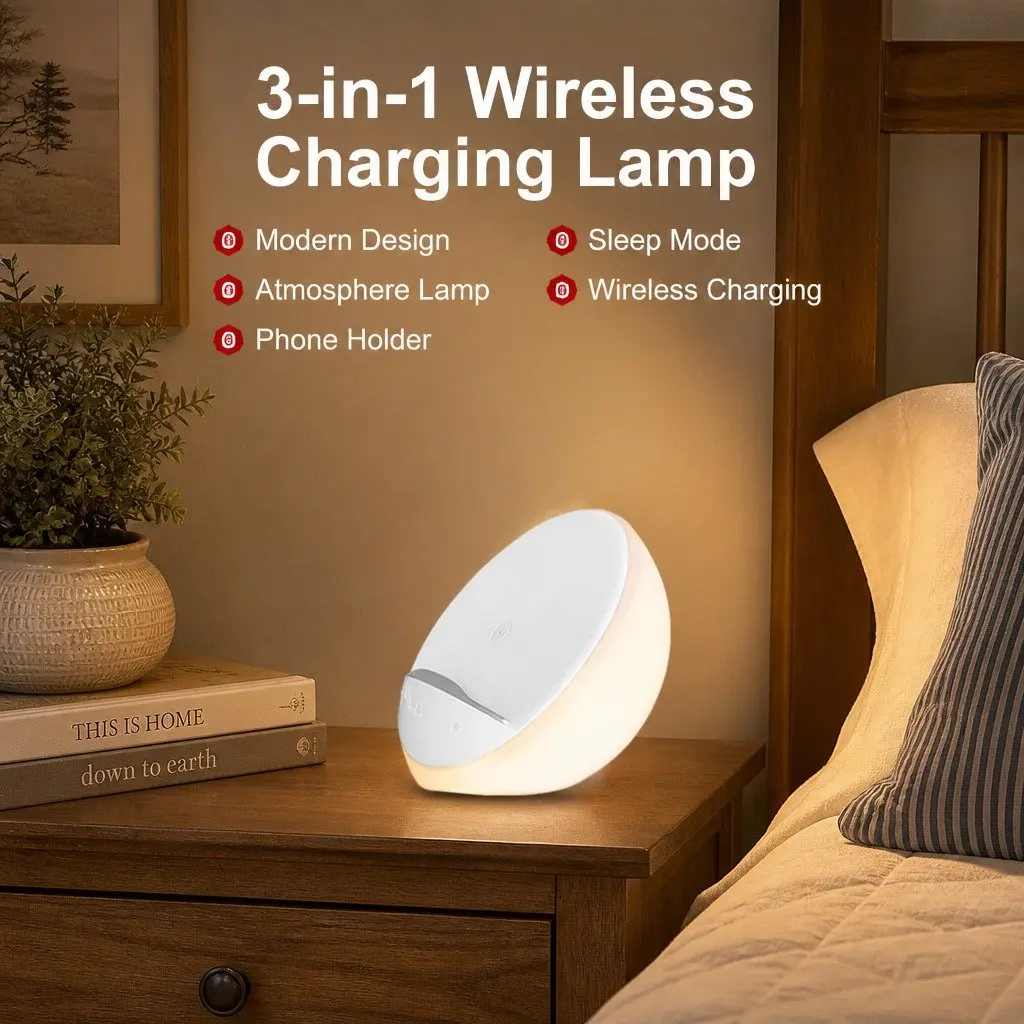 Bedside Table Lamp for Nightstand 15 x 15 x 8.5 cm with Wireless Charger Phone Holder Touch Control Dimmable LED