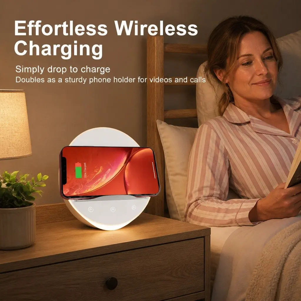 Bedside Table Lamp for Nightstand 15 x 15 x 8.5 cm with Wireless Charger Phone Holder Touch Control Dimmable LED